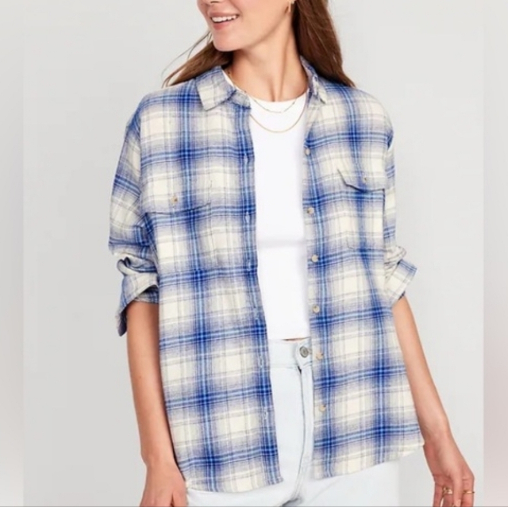ON Blue and Cream Plaid Button-Down Shirt. Fall, Bonfires, Cozy,Relaxed Fit